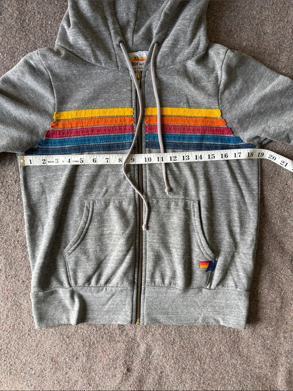 Aviator Nation Grey Zip-Up Hoodie with Yellow, Orange, Red and Blue Stripes (XS) - Picture 4 of 10
